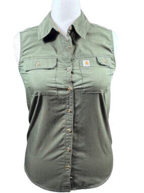 Carhartt Women’s Sleeveless Button Up Collared Green Gorpcore Granola Top (SZ M)